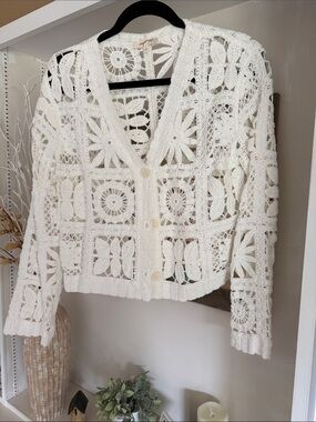 Mystery Women's White Crochet Button-Front Sweater Cardigan